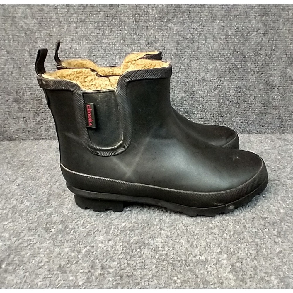 Chooka Plush Chelsea Rain Boots Women Size 8 Black Matte Faux Fur Lined